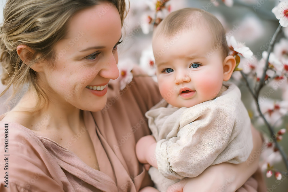 Woman mother holds hugs adorable baby at nature blossom, Mother's Day concept. Woman mother holds hugs adorable baby at nature blossom, Mother's Day concept.