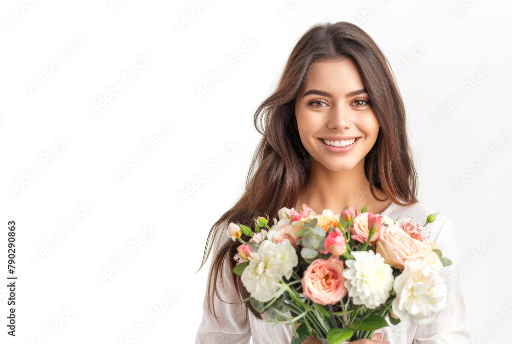 Beautiful woman with a bouquet of flowers isolated on the white background.