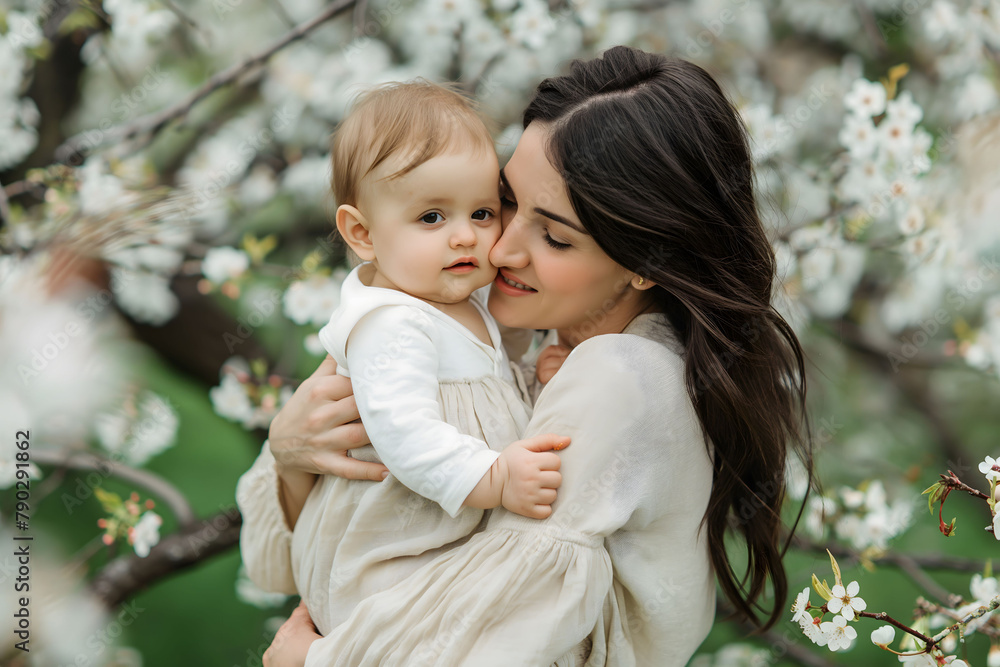 Woman mother holds hugs adorable baby at nature blossom, Mother's Day concept. Woman mother holds hugs adorable baby at nature blossom, Mother's Day concept.