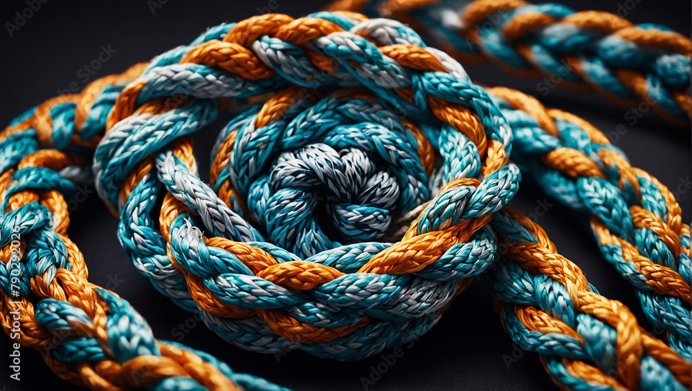 A unique and visually stunning knot in a braided rope, with each strand carefully woven together to create a beautiful and complex pattern.