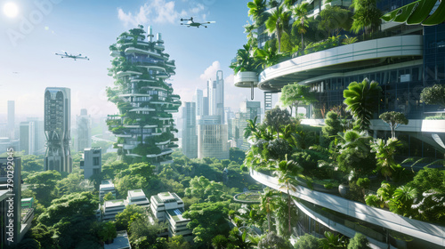 Green tech utopia cityscape. A futuristic cityscape with skyscrapers featuring vertical gardens and drones for environmental monitoring © mikeosphoto