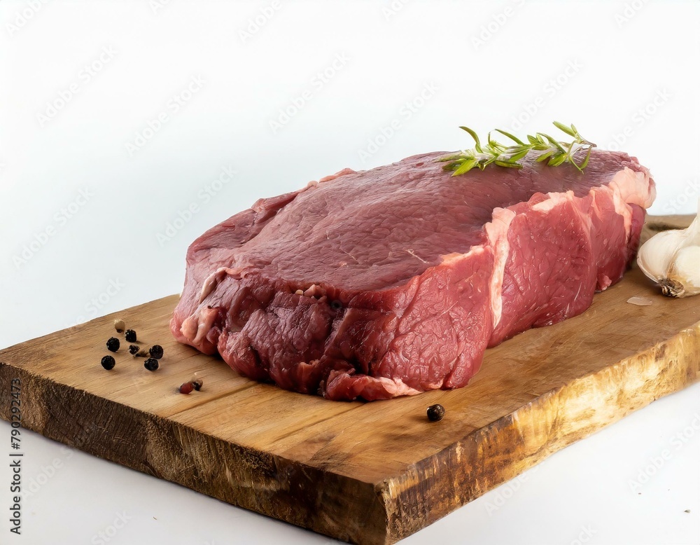 Rohes Fleisch mit Gewürzen auf eine rustikalen Holzbrett. Rohes Fleisch mit Gewürzen auf eine rustikalen Holzbrett.