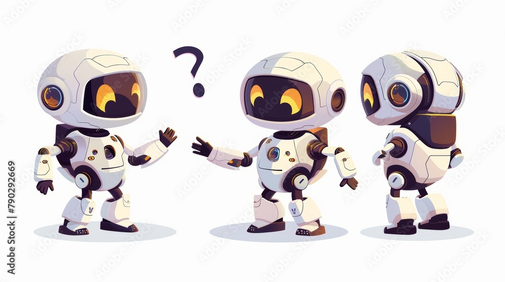 Cartoon chat bot modern set with white funny smart conversation robot assistant waving hello, 404 error message, and question mark. Cartoon chat bot modern set with white funny smart conversation robot assistant waving hello, 404 error message, and question mark.