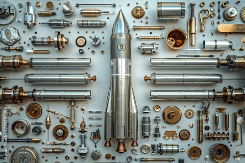Disassembled space rocket parts with full missile in the center of image. Layout image related to space, technology, repair, support, diagnostic, flights.
