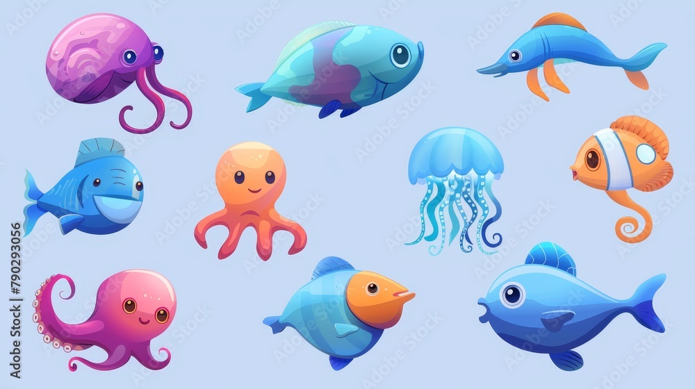 The tropical aquarium fauna includes fish, octopus, jellyfish, seahorses, and puffer fish. A modern cartoon character shows an underwater seahorse and puffer fish. The tropical aquarium fauna includes fish, octopus, jellyfish, seahorses, and puffer fish. A modern cartoon character shows an underwater seahorse and puffer fish.