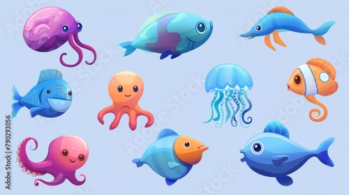 The tropical aquarium fauna includes fish, octopus, jellyfish, seahorses, and puffer fish. A modern cartoon character shows an underwater seahorse and puffer fish.