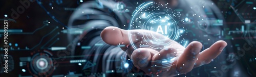 The hand holding the AI processor embodies belief that with introduction of artificial intelligence, we can create safer, more efficient, and more productive society. Futuristic graphics. Wide banner photo