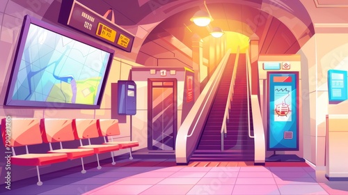 From an underground tunnel, a train arrives at an empty subway platform. This modern cartoon illustration shows a ticket vending machine, seats, a map, and stairs in the interior of a subway station. photo