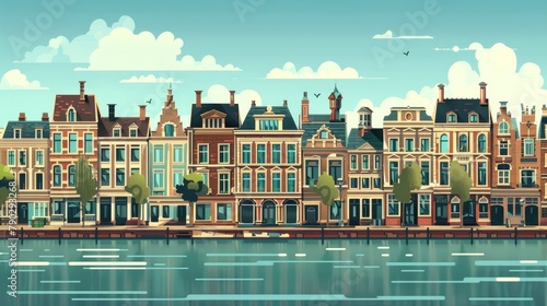 Town street with Victorian style buildings and lake promenade in 19th century. Modern illustration of retro cityscapes with old vintage architecture.