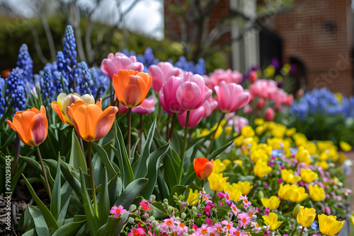 A vibrant and colorful scene of spring flowers in full bloom under the sunny sky in Springfield.