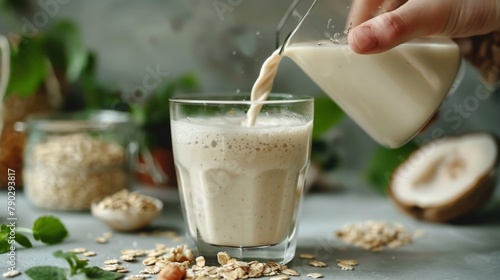 Person pouring milk into oatmeal with nuts photo