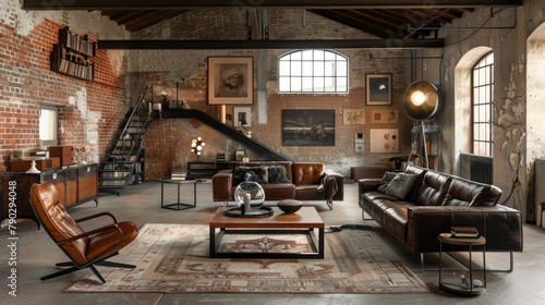 A cozy industrial loft living room with stylish vintage decor