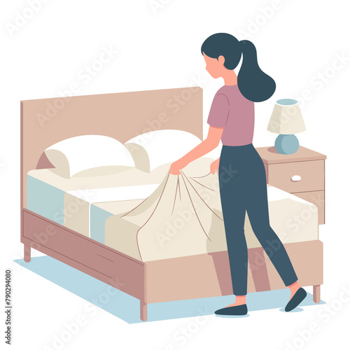 women straighten the bed sheets