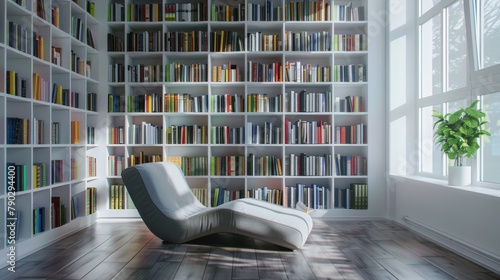 A cozy reading nook with sunlight a comfy chair and shelves full of books