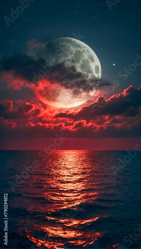 Beautiful and dramatic red sky with a full moon over the the ocean © The A.I Studio