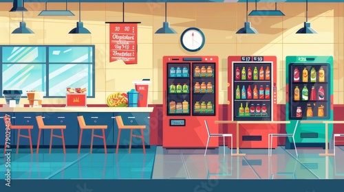 A cartoon modern illustration of a school cafe, a university canteen, a dining room with a counter and trays, meals and beverages, tables and chairs, vending machines, a menu and a clock. photo