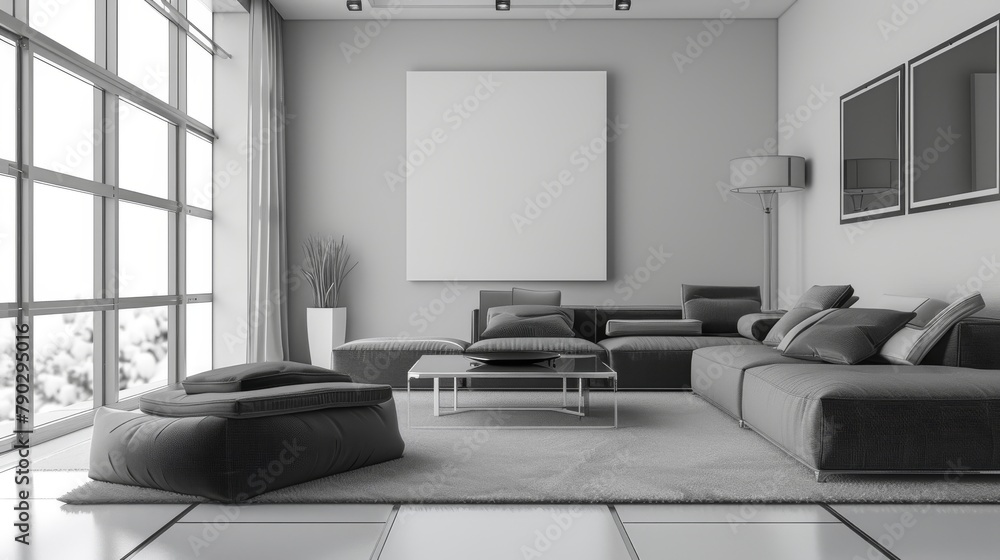 A monochrome modern living room with a blank canvas ready to be personalized
