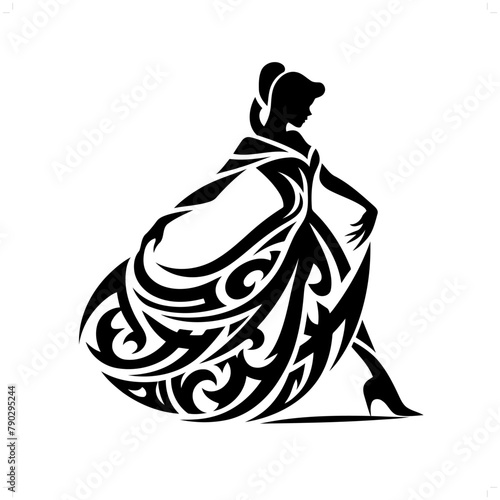 princess; cinderella  in modern tribal tattoo, abstract line art of people, minimalist contour. Vector