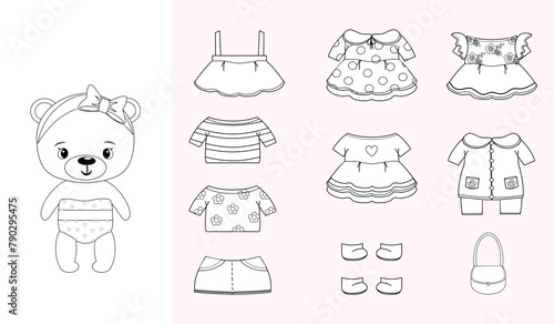 Paper doll clothes outline. Baby doll with dress. Cute girl teddy bear. Coloring page, book.Vector illustration isolated on white background. Clothes set, collection. Dress up, cutouts, game, toy kids