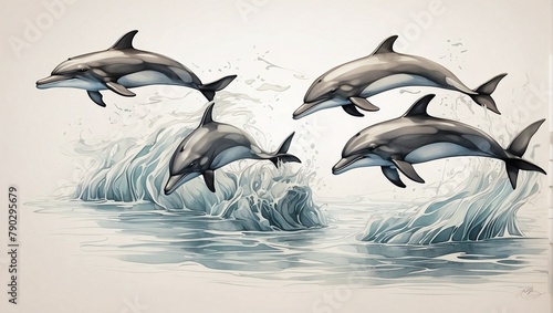 Dolphins in the Sea. Stylized Drawing