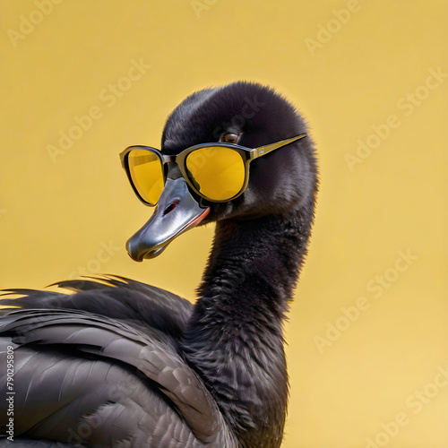 Portrait of a black swan in sunglasses, a copy of the space