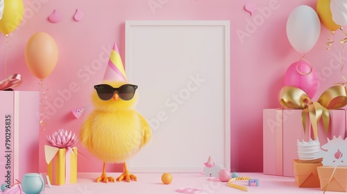 Create a Mockup white poster for birthday next to a Smiling happy Bird in party hat and sunglasses and Gift boxes, minimalistic cute illustration, pastel color for birthday © Roni
