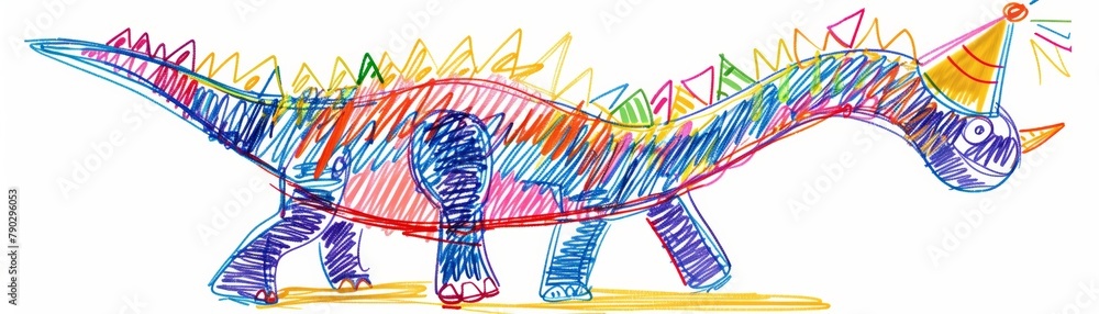 5 year old's basic Teratosaurus in party hat scribbly outline colourful crude juvenile crayon drawing next to a Mockup white poster for birthday on white background
