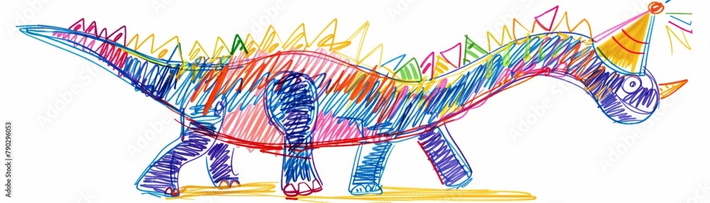 5 year old's basic Teratosaurus in party hat scribbly outline colourful crude juvenile crayon drawing next to a Mockup white poster for birthday on white background 5 year old's basic Teratosaurus in party hat scribbly outline colourful crude juvenile crayon drawing next to a Mockup white poster for birthday on white background