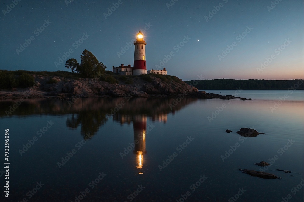 Fototapeta premium Lighthouse on an island, reflected in the water