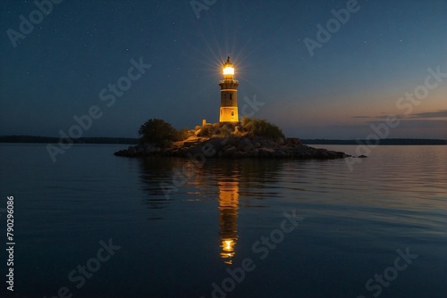 Lighthouse on an island  reflected in the water
