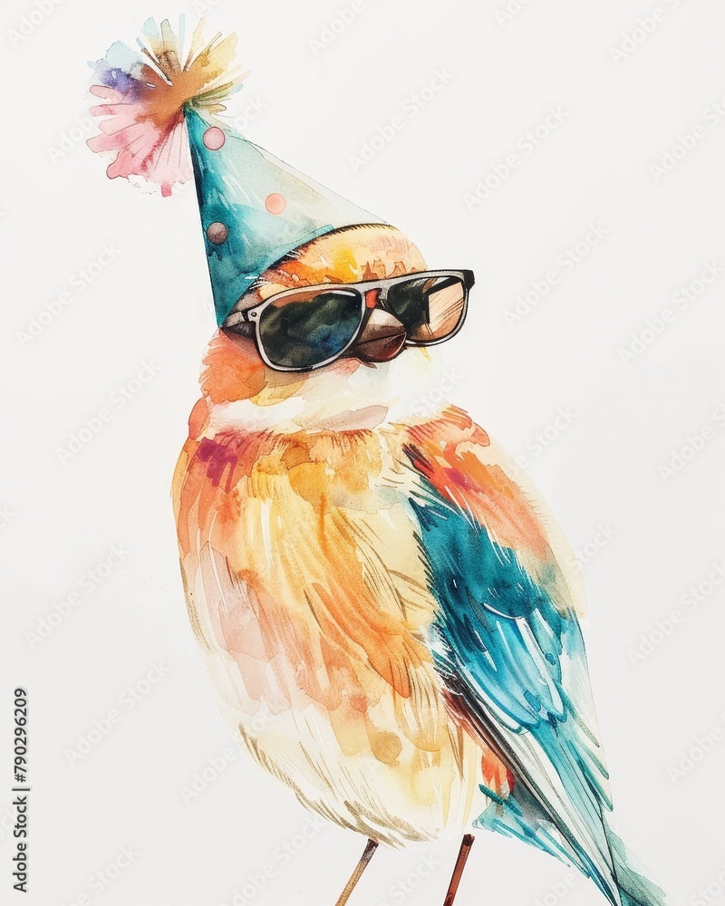 Fototapeta premium Smiling happy Bird in party hat and sunglasses, higher fashion, happy birthday, Watercolor, minimalistic cute illustration, pastel color for birthday