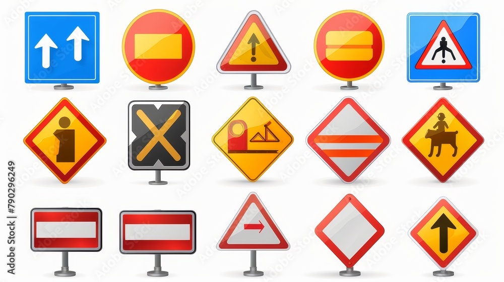 Isolated on a white background, this collection of realistic blank traffic signs has different shapes for attention, alert, speed limit, and direction notices. Isolated on a white background, this collection of realistic blank traffic signs has different shapes for attention, alert, speed limit, and direction notices.
