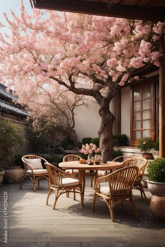 Patio with rattan table and chairs under a tree © alexx_60
