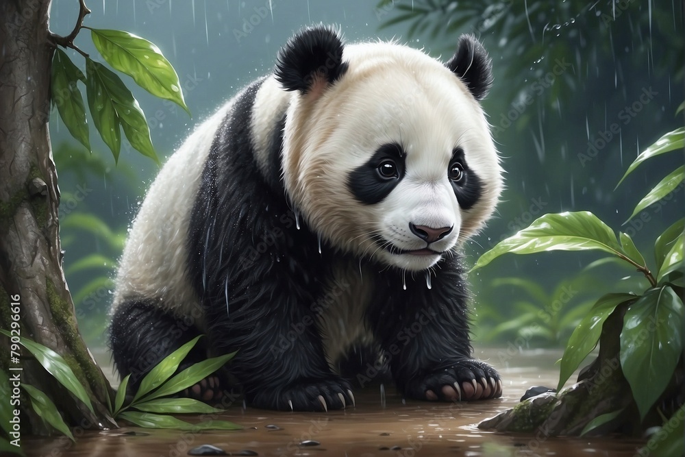 Fototapeta premium Wet baby panda in the rain