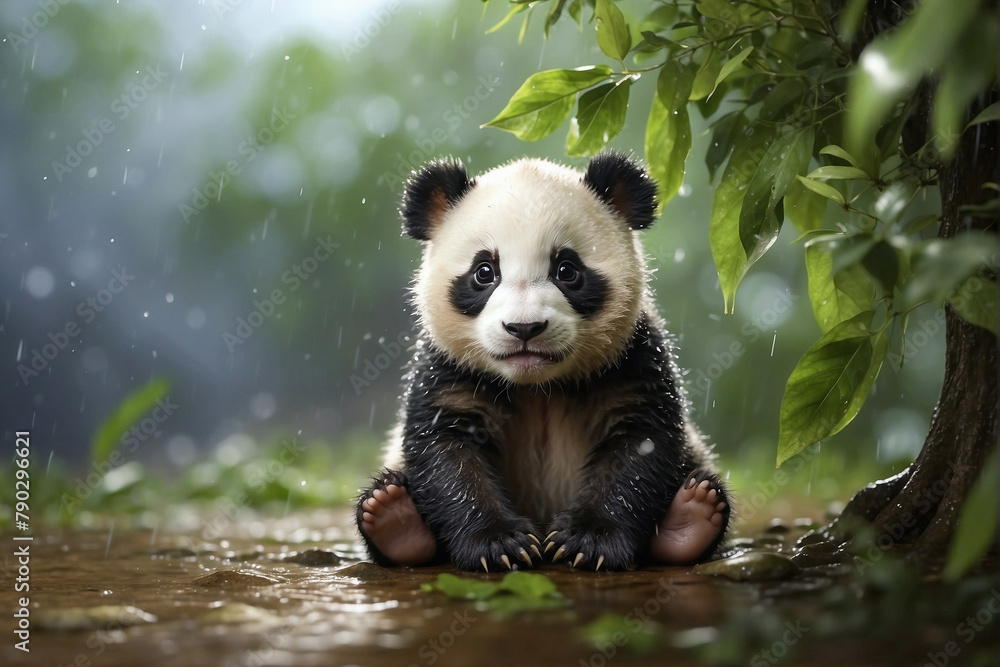 Obraz premium Wet baby panda in the rain