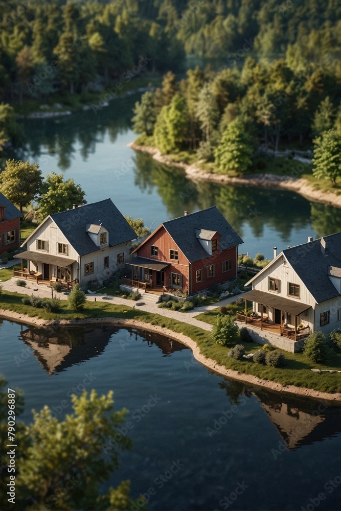 Fototapeta premium Idyllic cottage settlement: beautiful low-rise houses on the shore of a natural reservoir