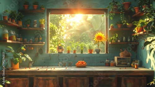 Sunny rustic kitchen interior with plants and oranges