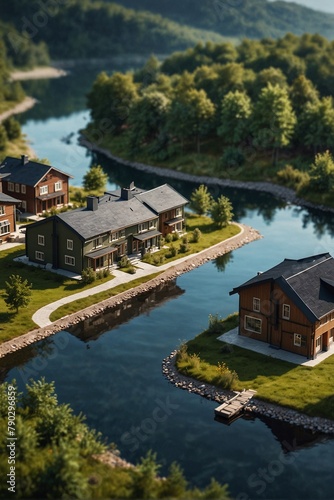 Idyllic cottage settlement: beautiful low-rise houses on the shore of a natural reservoir