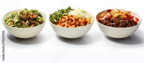 set of bowls with tasty Chinese food.