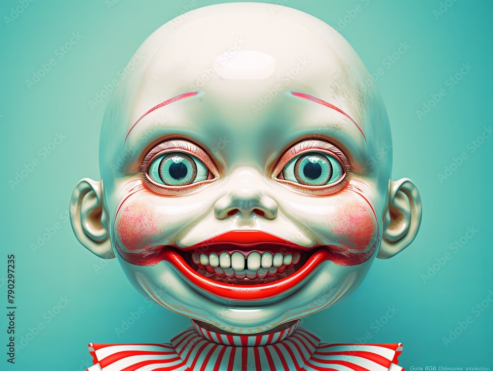Obraz premium Unfinished blank of a handmade clown doll. Close-up of the face of an attractive toy with big eyes and a kind smile. Theater puppet or retro style children's toy. Illustration for varied design.