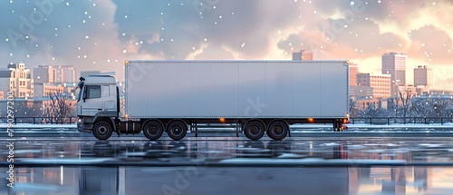 Chilled Delivery: Cold Chain Truck on Wintry City Route. Concept Cold Chain Logistics, Winter Delivery, Refrigerated Transport, Urban Distribution, Chilled Delivery Service photo