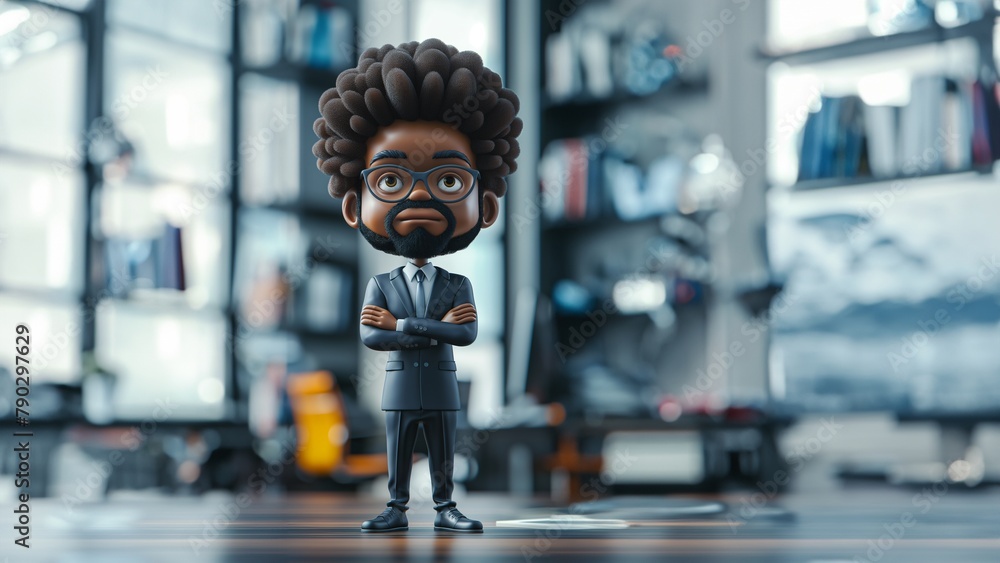 Afroamerikanisches Cartoons Männchen im Business Anzug im Büro, ai generativ - obrazy, fototapety, plakaty 