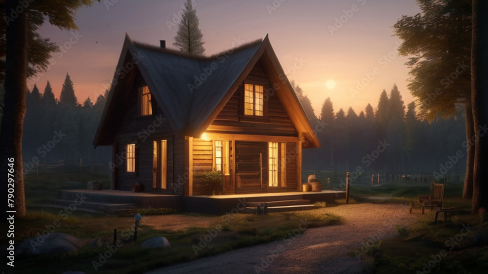 Beautiful log cabin in a forest clearing during night time Beautiful log cabin in a forest clearing during night time