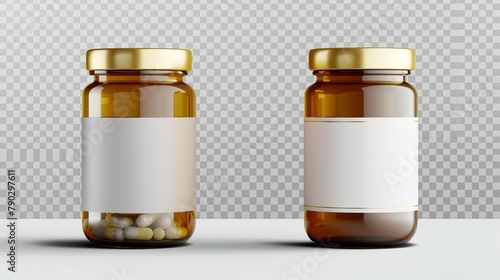 Modern realistic 3d mockup of brown and white containers with blank labels and gold lids, containing medical drugs isolated on a transparent background.