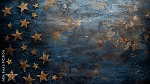 Sparkling Gold Stars on Textured Blue Abstract Background. copy space © Jullia