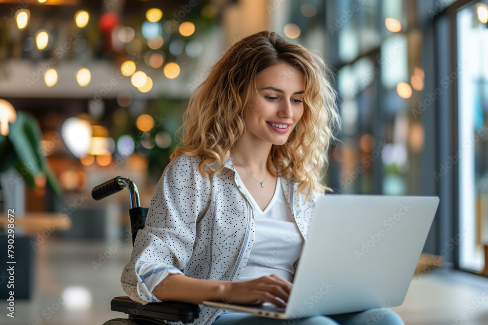A cheerful young woman with curly blonde hair using a laptop in a modern cafe. A cheerful young woman with curly blonde hair using a laptop in a modern cafe.