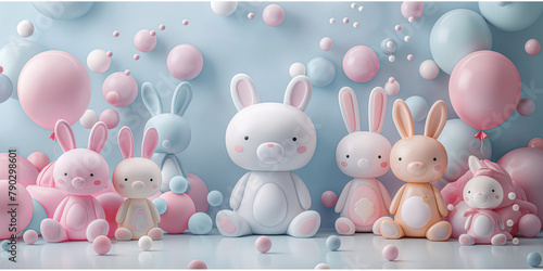 Süße Haasen Figuren und Bubbles in pink und lila als Hintergrundmotiv und Druckvorlage für Tapeten im Kinderzimmer, ai generativ