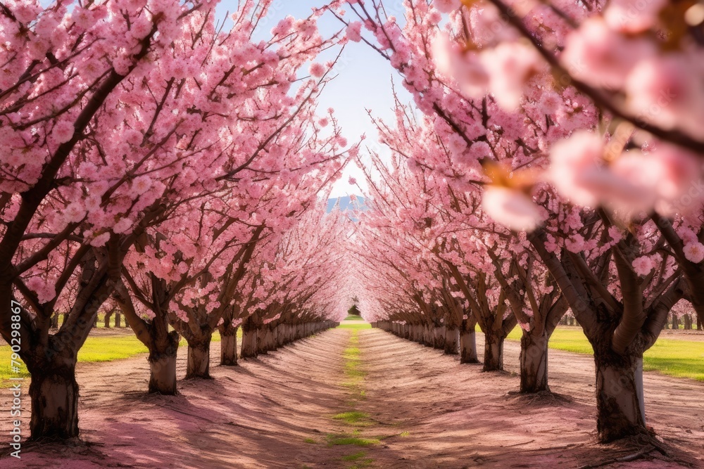 Spring cherry blossom path way with cherry blooming tree road