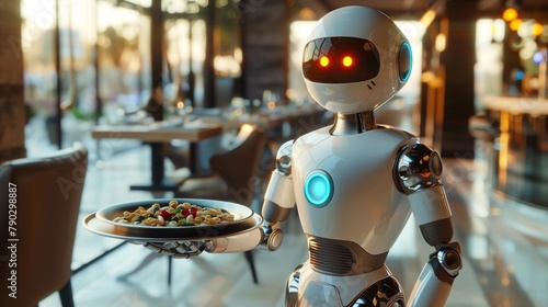 A robot waiter carries a tray of food and drinks in a restaurant