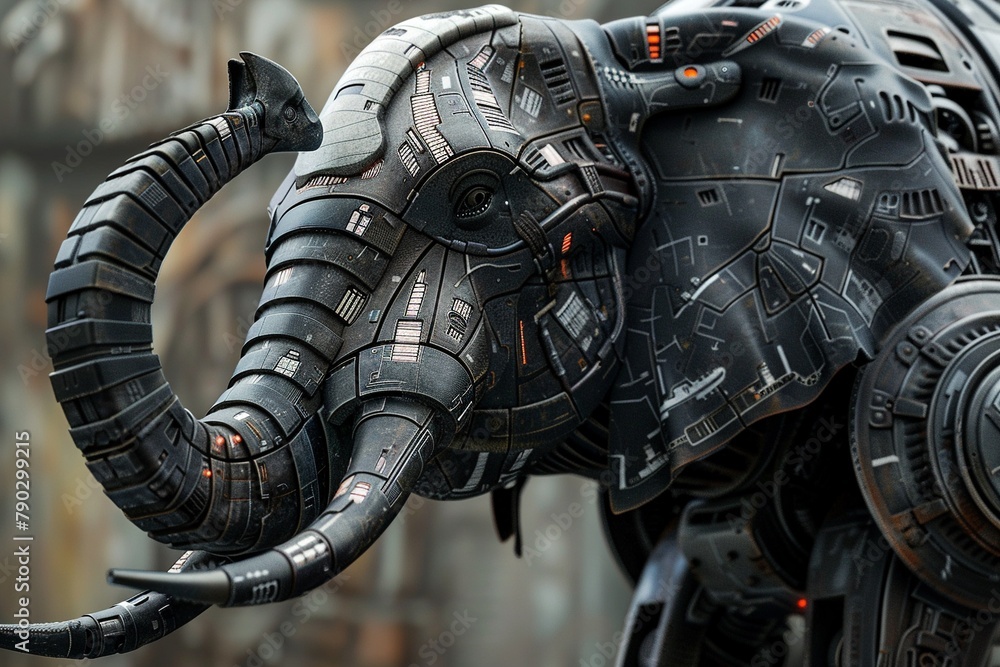 Photograph a robotic elephant with advanced technology integrated into its tusks highlighting the innovation and power of animal artificial intelligence Photograph a robotic elephant with advanced technology integrated into its tusks highlighting the innovation and power of animal artificial intelligence